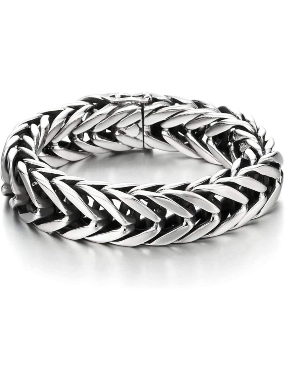 Men's Heavy Stainless Steel Wheat Chain Bracelet, Chunky Silver Bangle, Edgy
